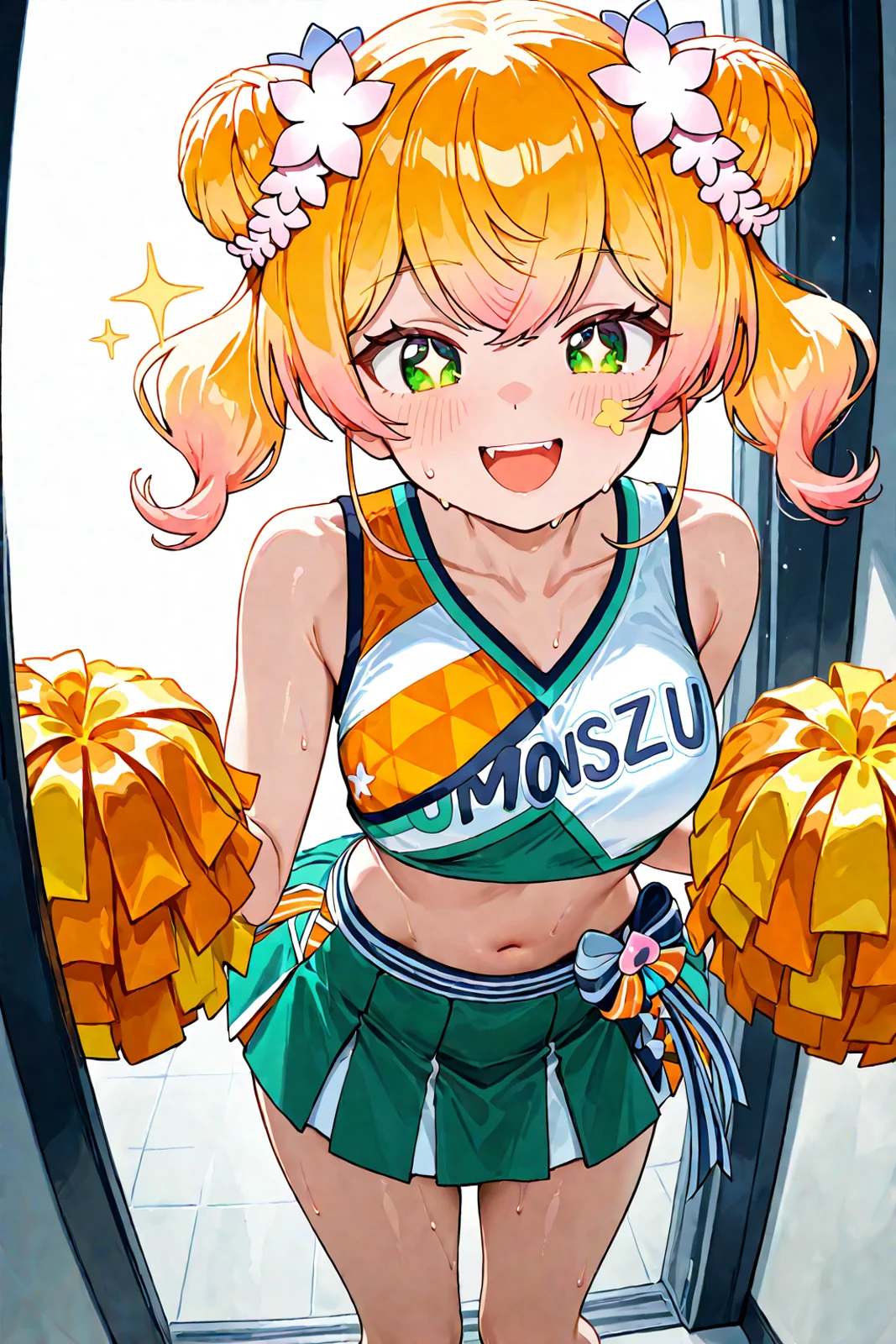 オレンジとグリーンのチア衣装で応援する女の子