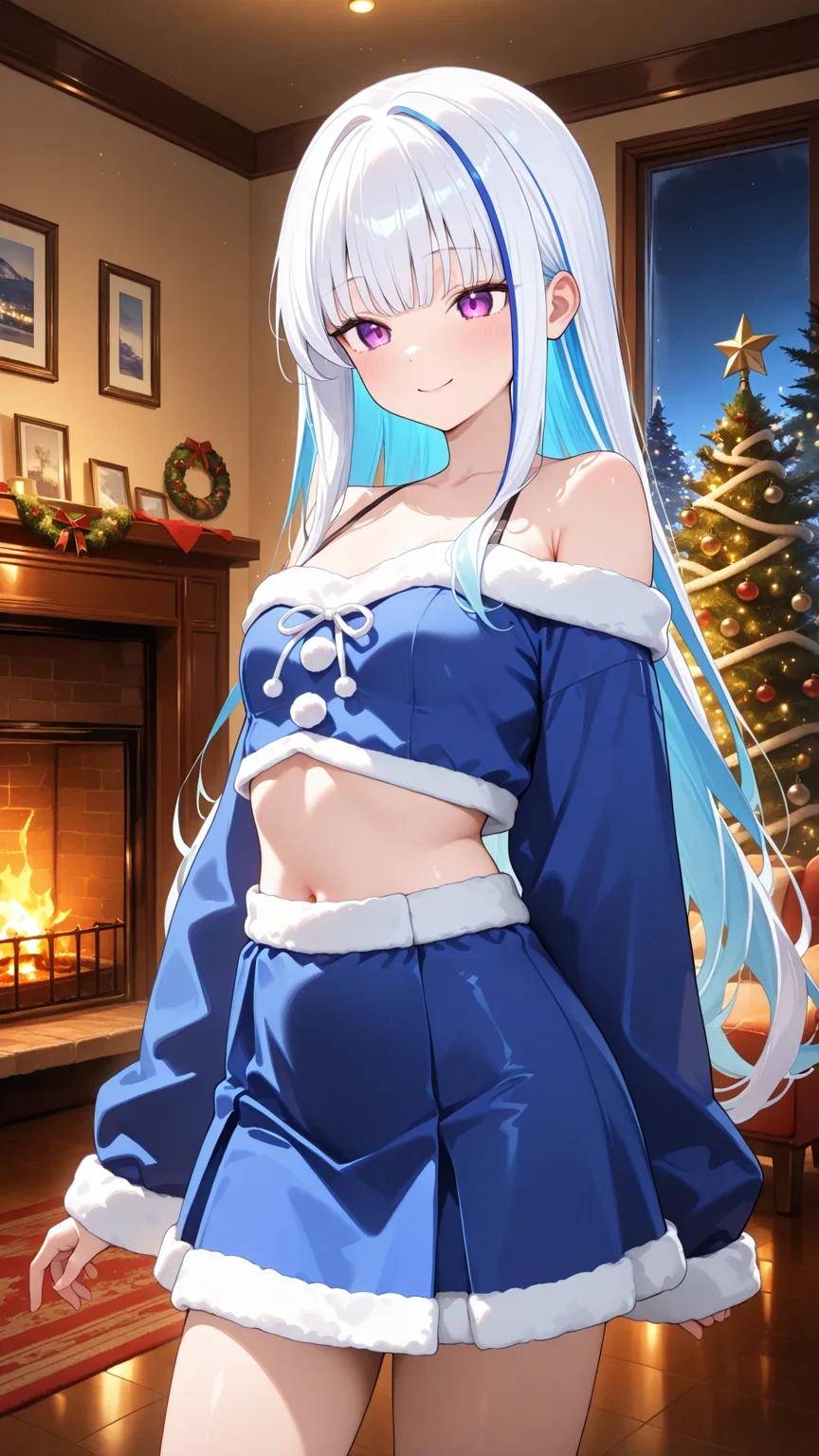 暖炉とクリスマスツリーの前で微笑む銀髪の女の子