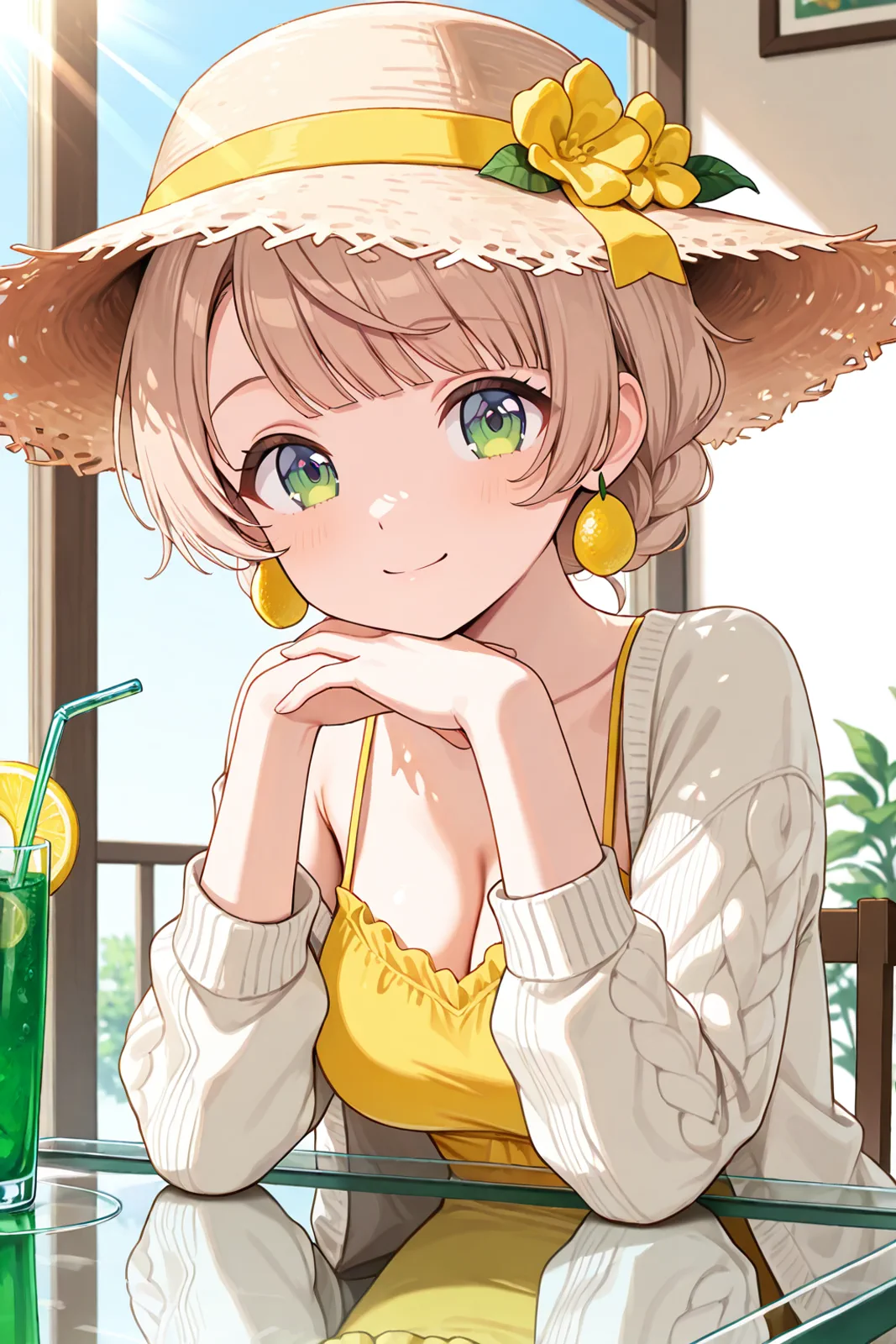 レモン色の帽子とワンピースで夏のカフェを楽しむ女の子