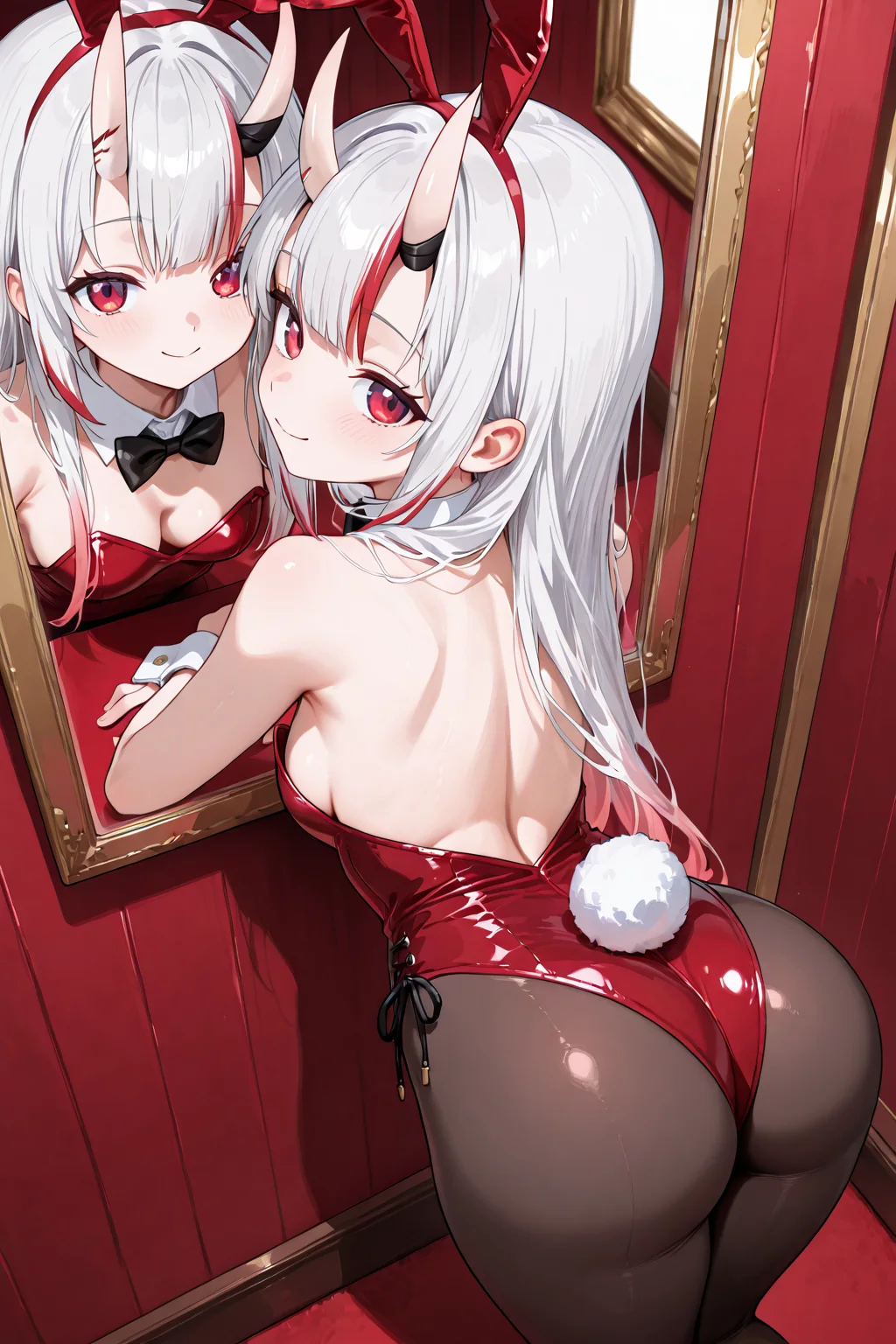 赤いバニー衣装で微笑む白髪の女の子